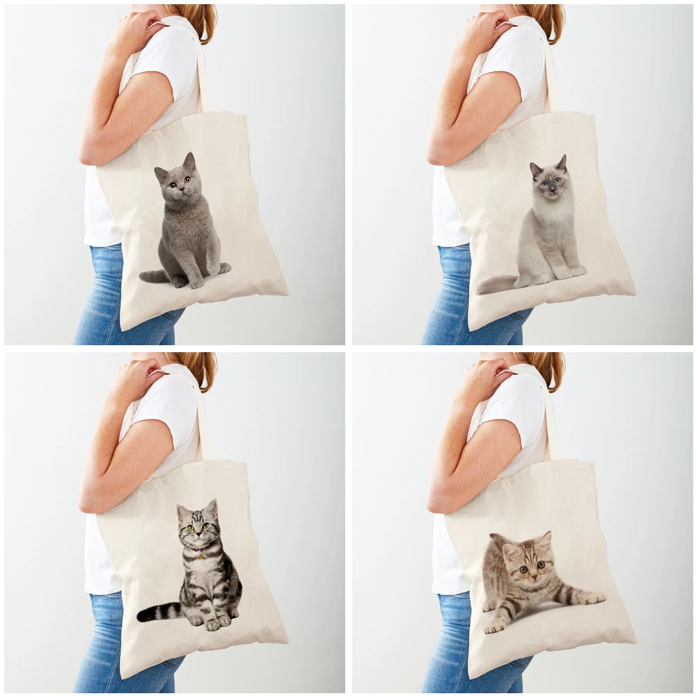 Casual Pet Cat Lady Shopping Bag Both Sided Print Reusable Canvas Fashion Wild Animal Travel Tote Handbag for Women Shopper Bags