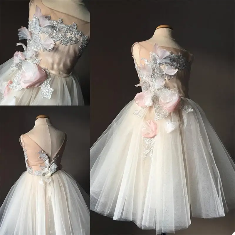 فستان مع شرابة وشرابة للفتيات ، لون الشمبانيا ، الدانتيل ، زين ، لطيف ، لحفل الزفاف ، أول تواصل ، حفلة عيد ميلاد