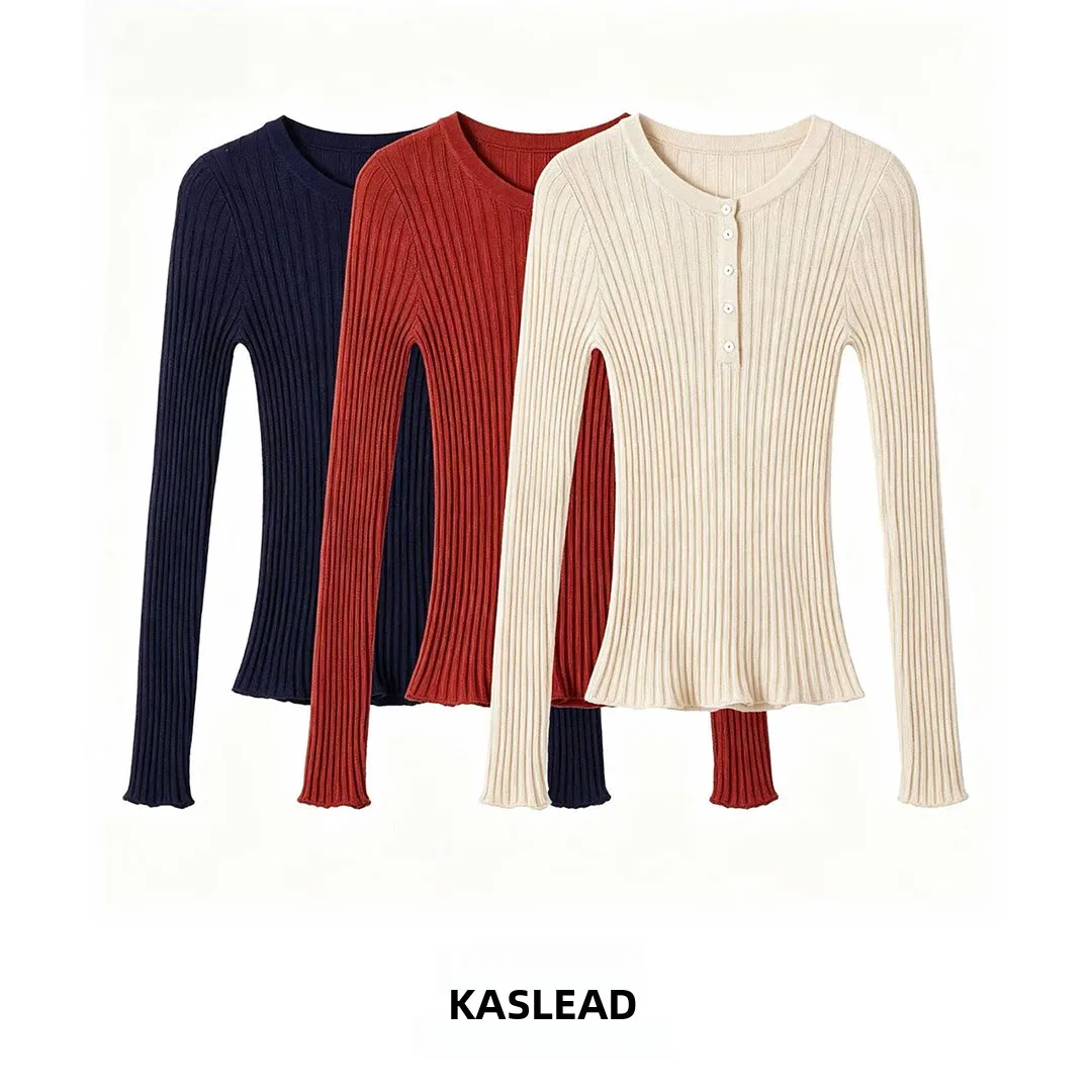 KASLEAD New Women's Fashion High-End Long Sleeve Multi-Color Buttoned  Open Cardigan Polyester Fiber round Neck Buttoned