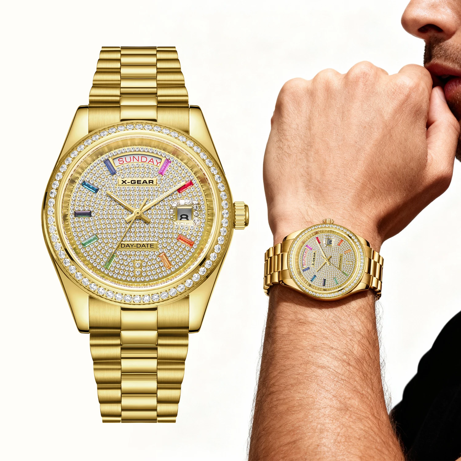 Złoty męski zegarek ze stali nierdzewnej 41 mm, tarcza wysadzana diamentami, mechanizm mechaniczny, wodoodporny, świecący w ciemności, modny styl biznesowy.