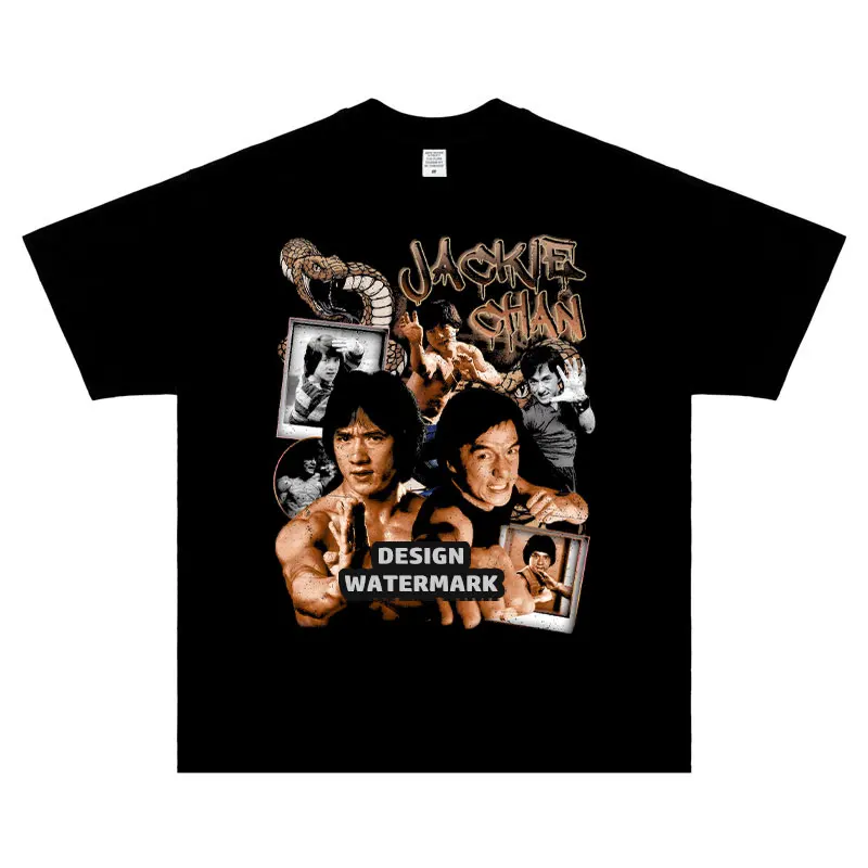 Jackie Chan T Shirt Movie Star Vintage Washed Tops Tees Harajuku Retro DTG Printing Short Sleeve Oversized Tshirt 100% Cotton