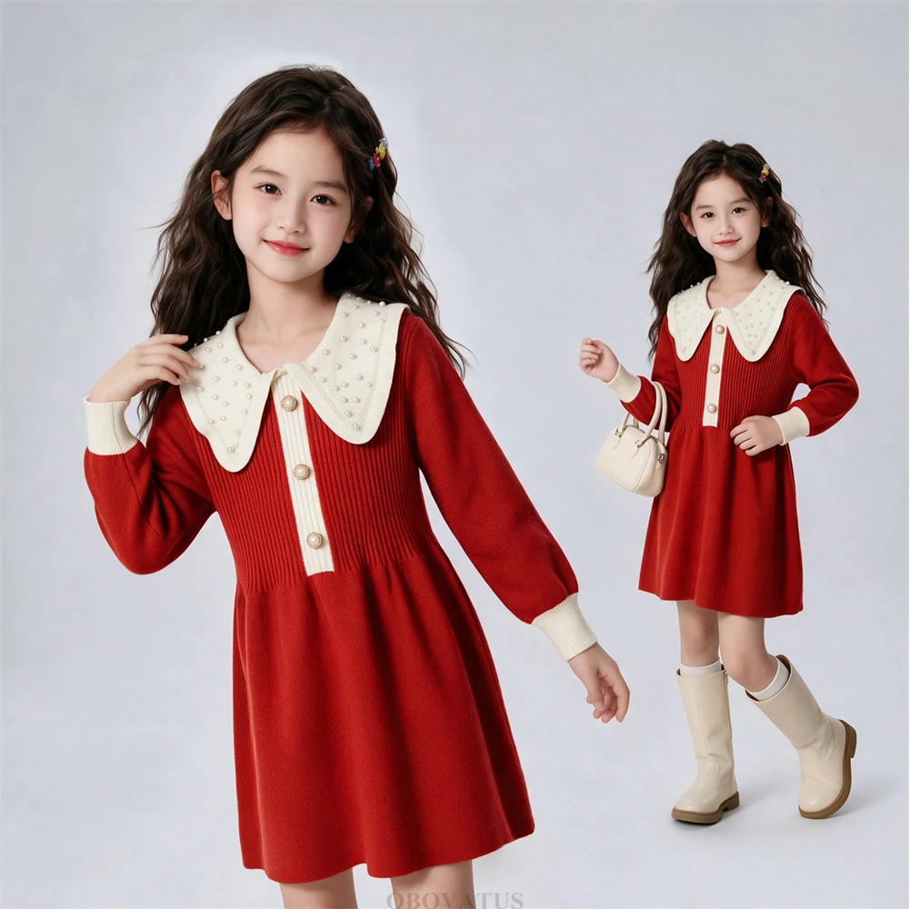 Baby Clothing High End - Luxe rode gebreide jurk met lange