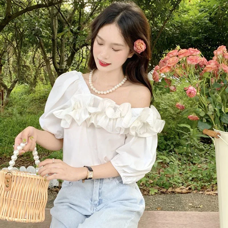 Office Lady Solid Color White Apricot Shirt Square Collar Tops Summer Short Puff Sleeve Clothes Elegant Ruffles Blouse