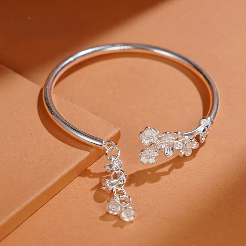 

Fashionable and Personalized Plum Blossom Bell 999 Sterling Silver Bracelet, Women's Sweet Open Bracelet Handicraft Gift