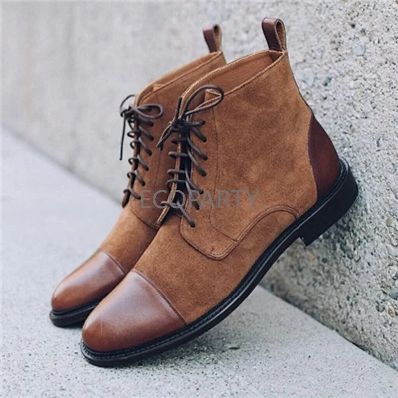 2023 Autumn Flat Bottom Slope Heel Pointed Combination Fabric Lace Up Panel Versatile Casual Vintage Men\'s Short Boots Martens