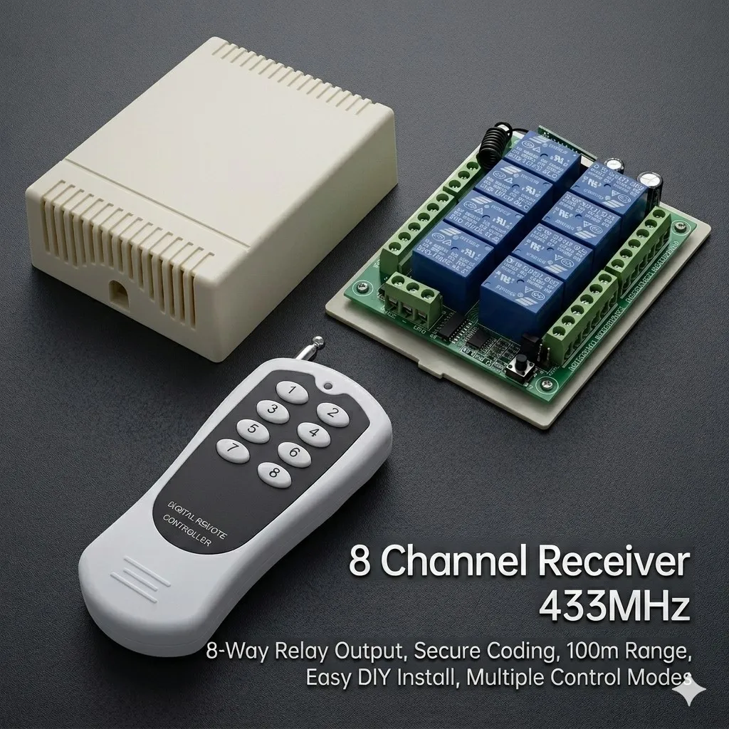 8CH Wireless Relay Control Board 12V/24V DC Drive Module 433MHz RF Bidirectional Transceiver 3 Logic Modes Jumper Configured