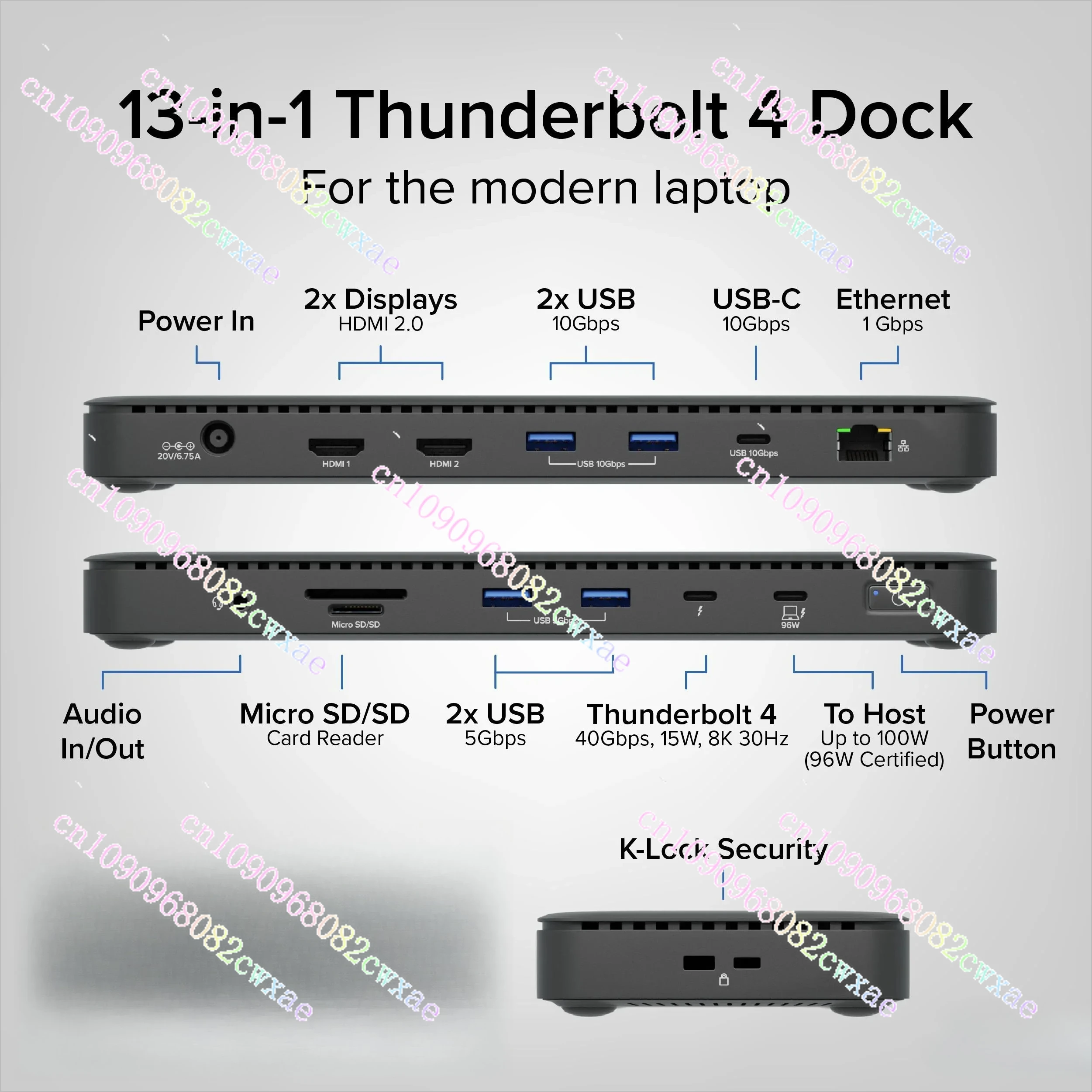 TBT4-UD5 Thunderbolt 4 Docking Station 100W PD Charging Laptop Dock Dual Monitor Support 8K 4K