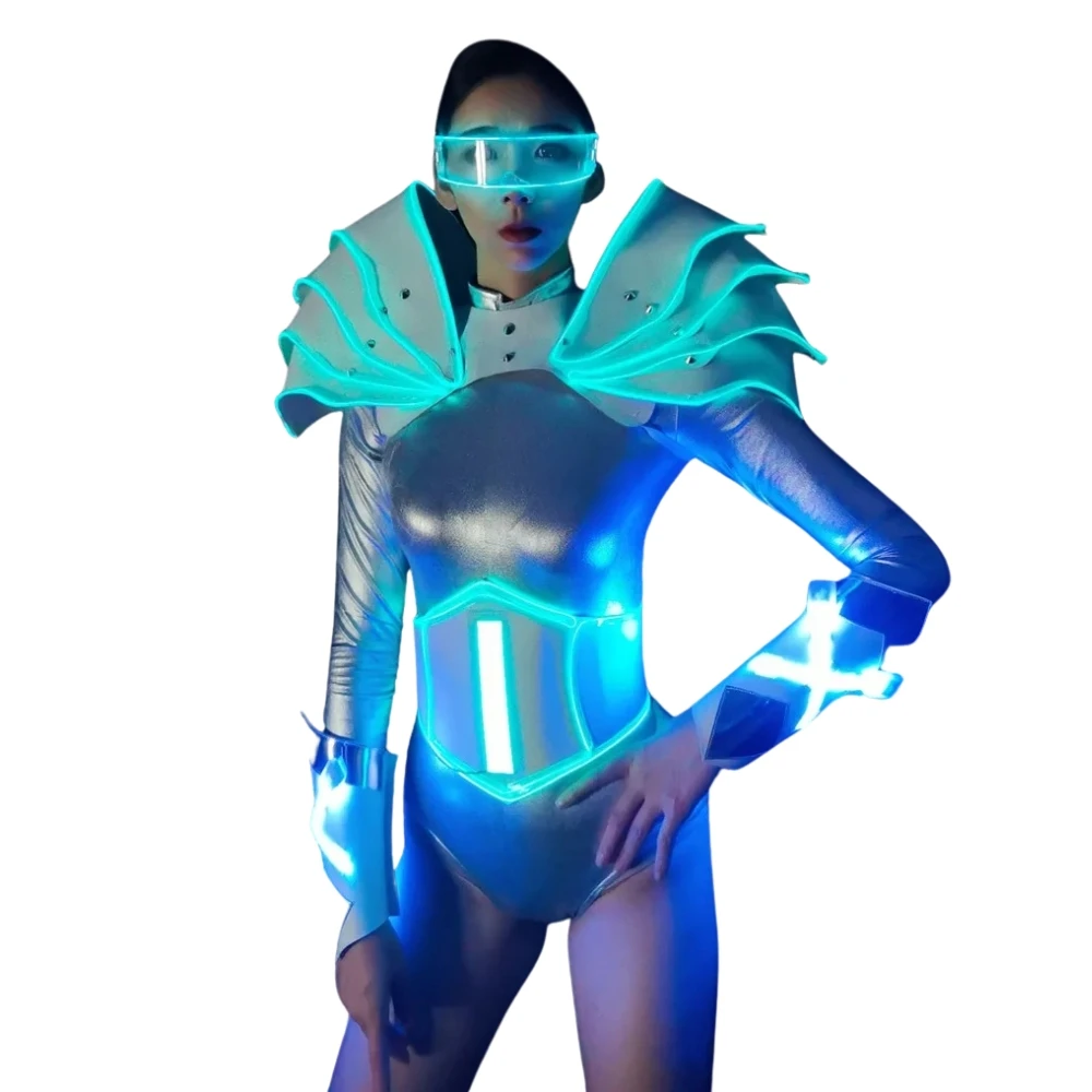 

Светящийся костюм синего цвета для вечеринок, LED-костюм в стиле панк-кибер для танцевальных групп, костюм для танцев GOGO в баре