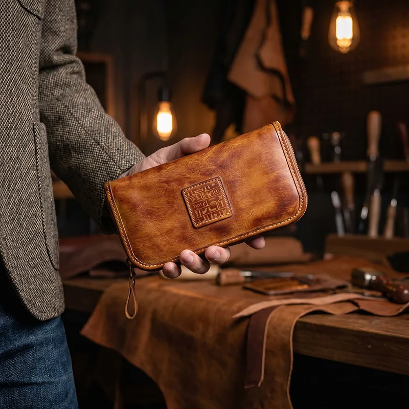 YETTIES Men's Vegetable Tanned Leather Long Clutch Wallet Large Capacity Multi-Function Document Vintage Business Handheld Purse