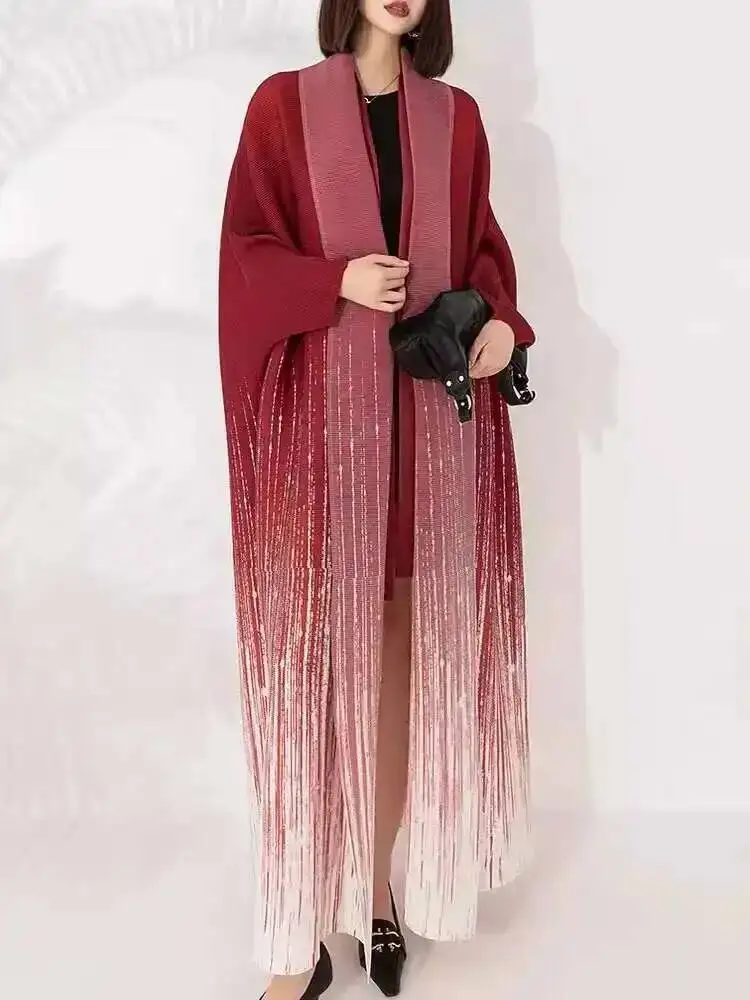 Long Pleated Gradient Trench Women Batwing Sleeve Lace-up Gathered Waist Windbreaker Fashion 2025 Spring New PEEL