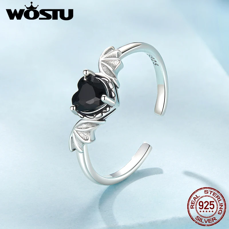 WOSTU Original 925 Sterling Silver Black Zircon Wings Ring Open Ring Vintage Ring For Women Fine Jewelry Party Gift FIR1105-E