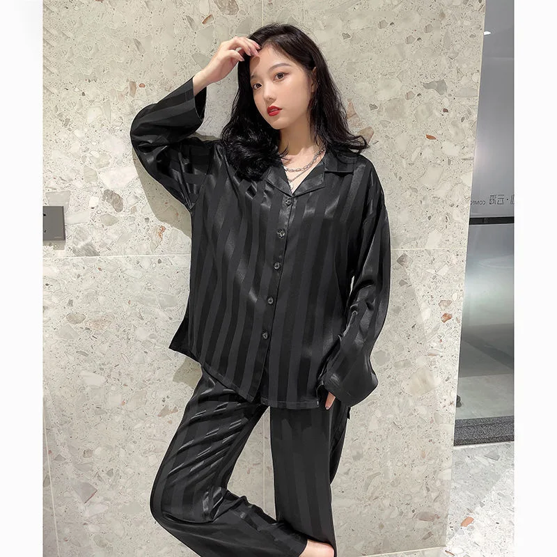 Women\'s Clothing Pajamas Two-Piece Spring And Fall Ice Silk Cardigan Long-Sleeved Big Yards Loose High-Grade Homewear Suit