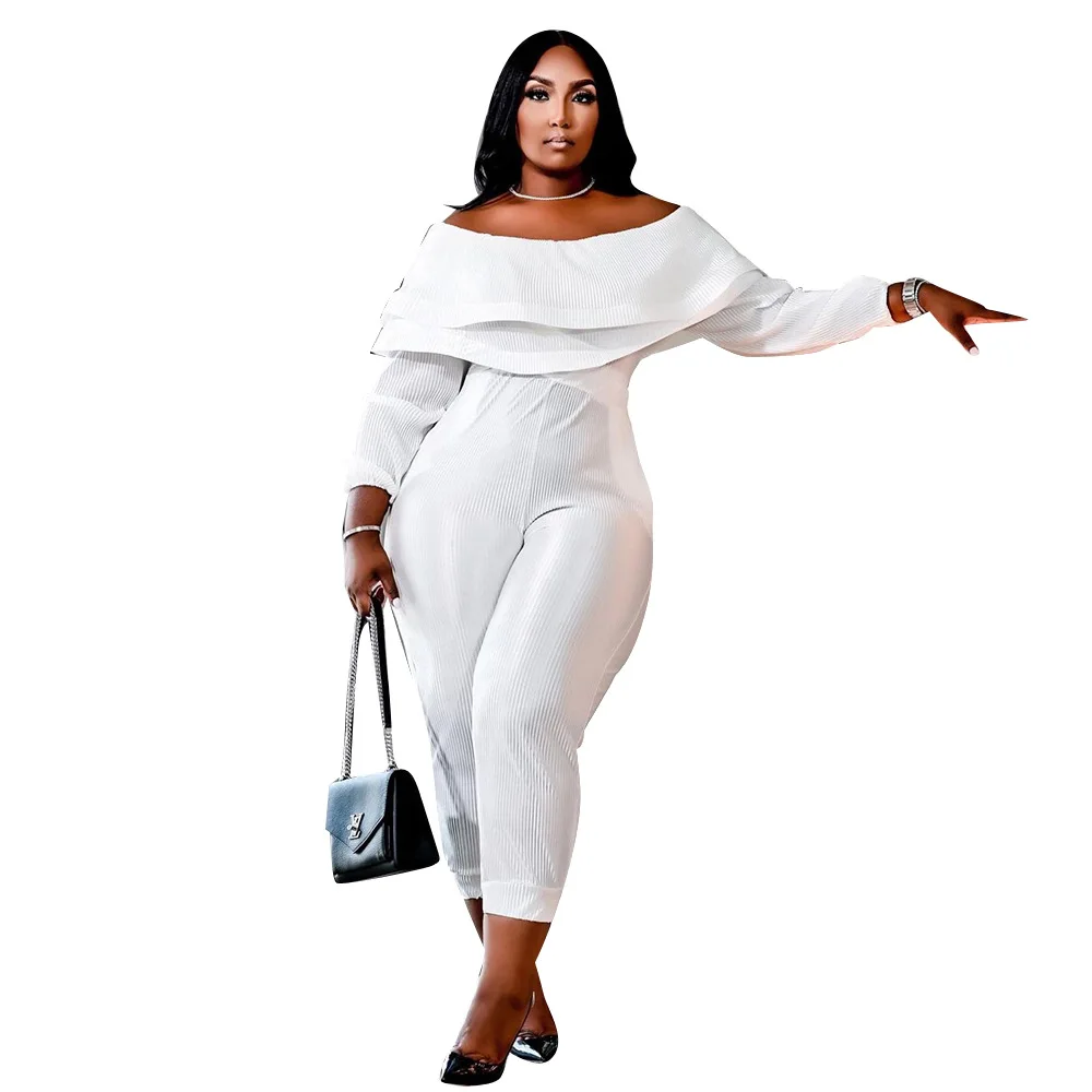 Somo Casual Losse Plus Size Geribbelde Elegante Jumpsuit Vrouwen 2022 Ruches Off Shoulder Lange Broek Rompertjes Groothandel Dropshipping