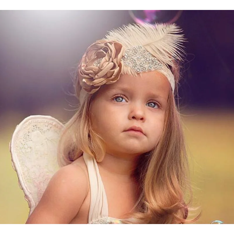 

Ostrich Feather Children's Headband Flowers Diamond White Feather Headdress Indian Headband Girl Party Headdress