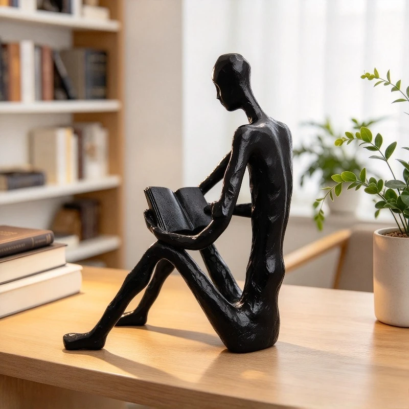 Modern Minimalist Abstract Metal Reading Man Sculpture, Golden Black Reader Figurine, Desktop Ornament for Room, Model House