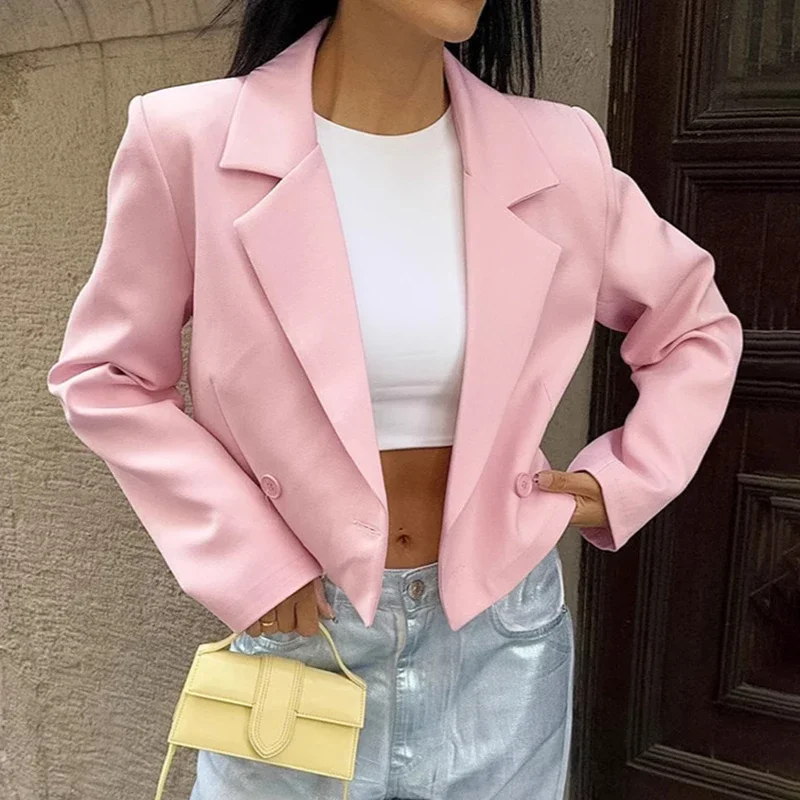 TARUXY Pink Casual Short Blazers For Women Loose 2024 Autumn Winter New Top Long Sleeve Solid Notched Lady Fashion Blazers Coat