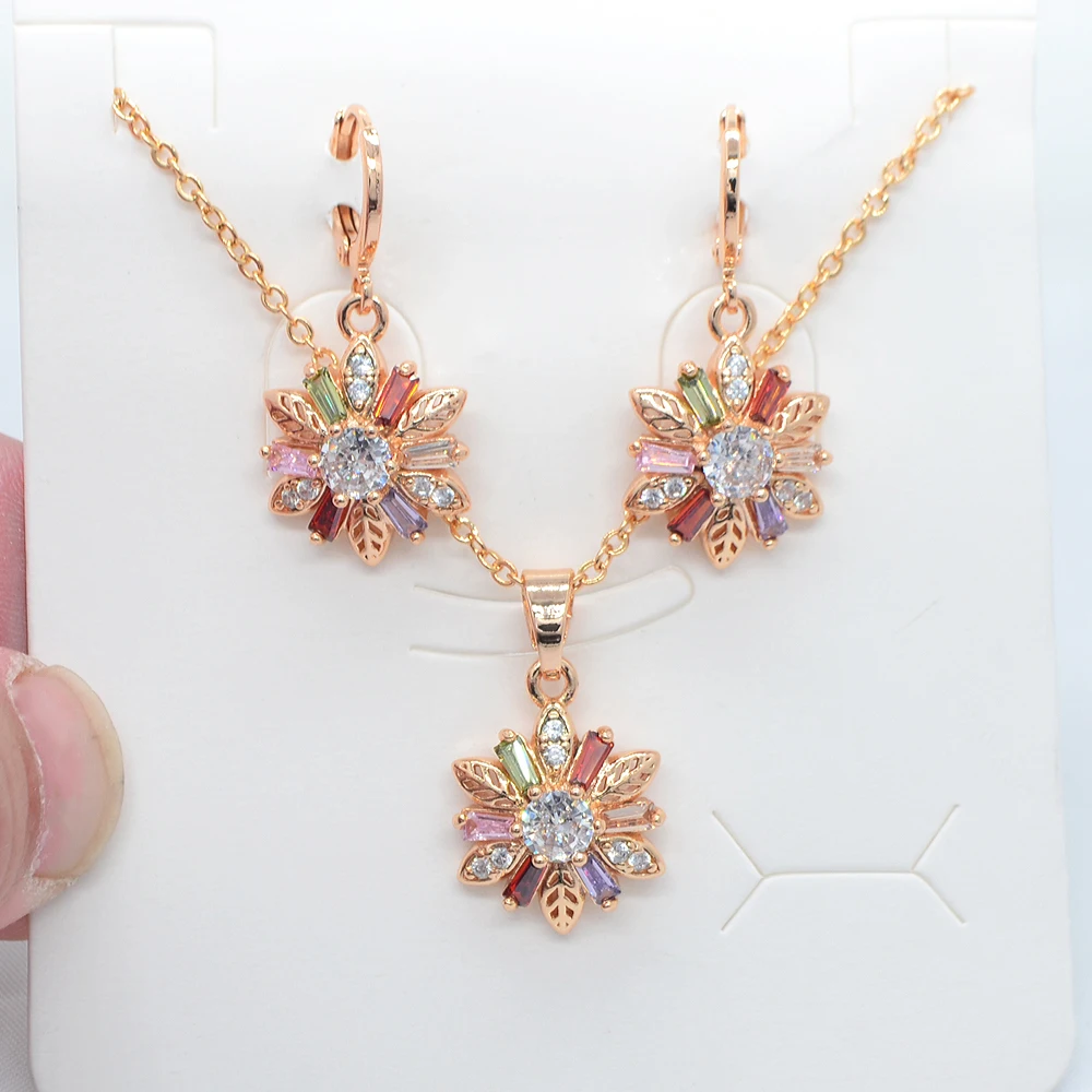 Fashion Gold Color Women Multicolor Cubic Zirconia CZ Flower Jewelry Set