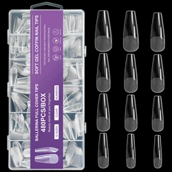 Ballerina Nail Tips 480Pcs Soft Gel Half Matte Clear Coffin Shaped Acrylic False Nail Tips 12 Sizes for Home DIY