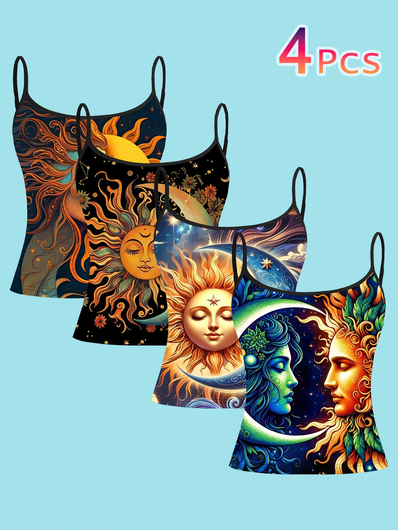 4-Piece Set of Women's Mysterious Astrology Sun and Moon Face Print Camisoles, Bohemian Starry Sky Slim-Fit Spaghetti Strap Inner Tops