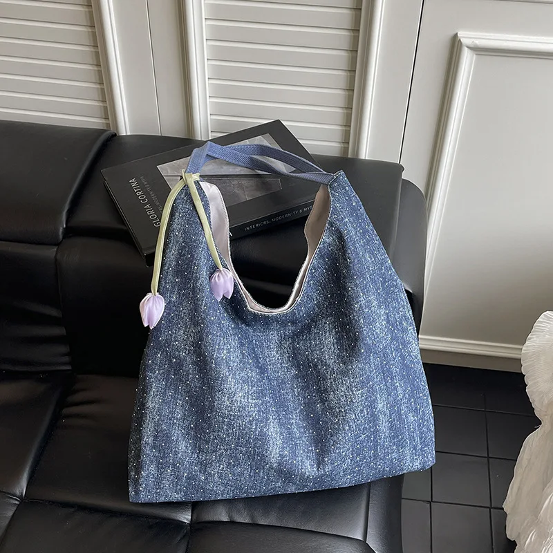 

2025 Lazy Style Denim Tote Bag Spacious Shoulder Bag for Women Casual Underarm Shopper for School Work