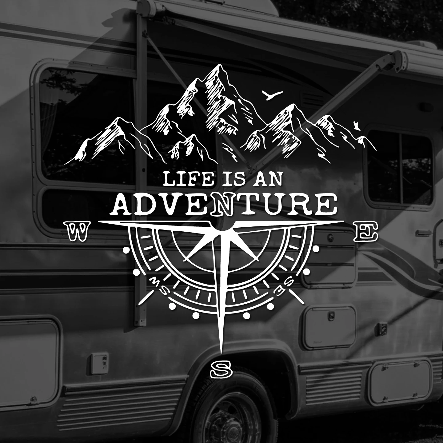 Compass and mountain pattern vinyl sticker, 48cm, car/camper exterior decorative sticker, removable and waterproof.
