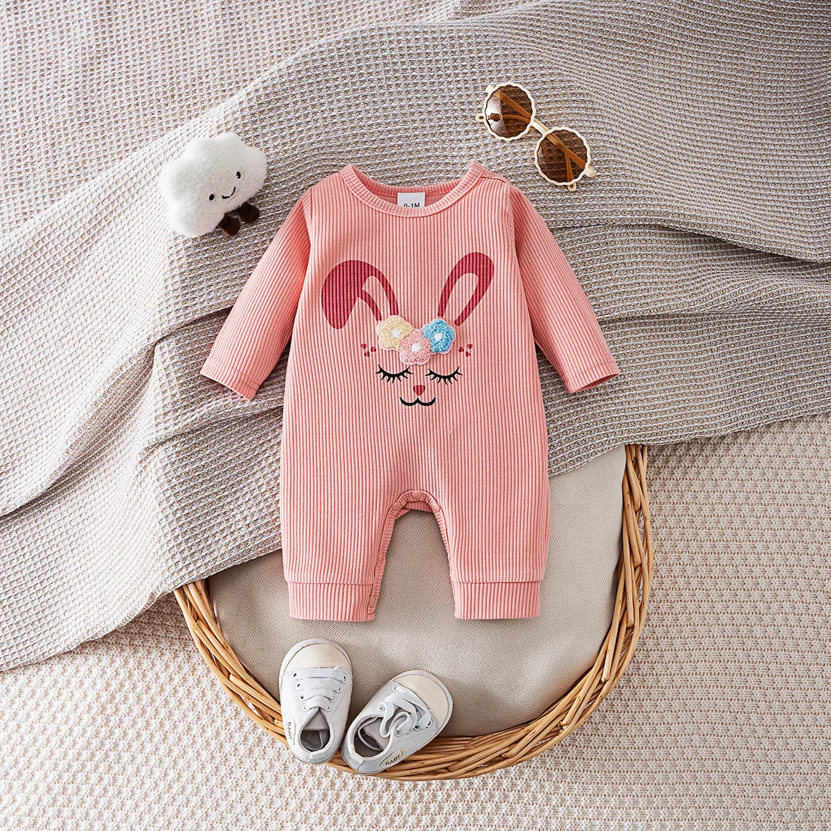 Baby Spring and Autumn One-Piece Clothing, Pink Ribbed Knit with 3D Bunny Ears Romper