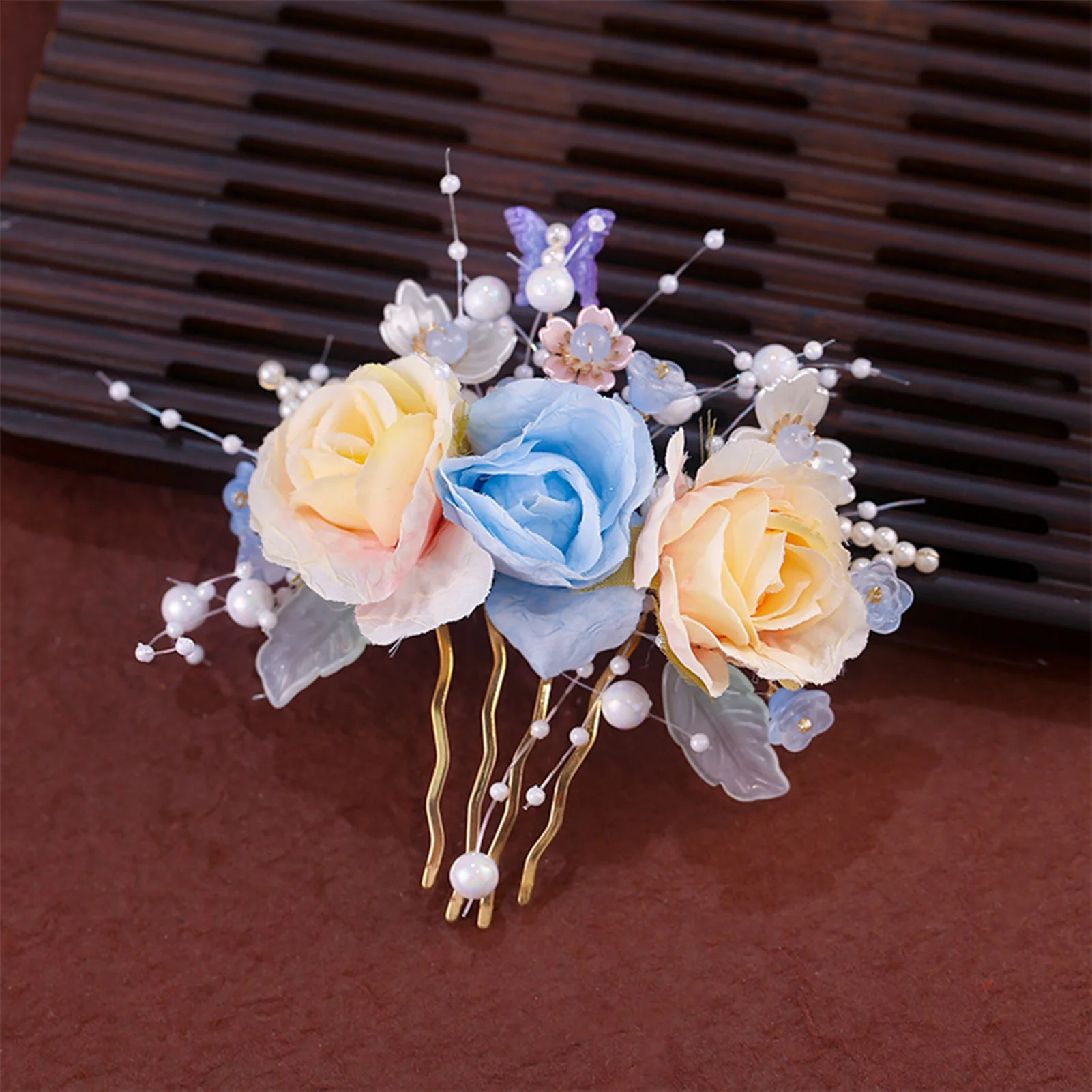 

Blue Silk Flower Hairpin With Tassel Double Clip For Han Costume Chinese Hanfu Hair Accessoreis Retro Pearl U-shaped Hair Clips