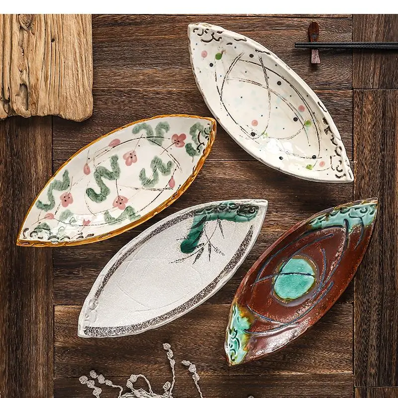 Household Tableware Japanese Ceramic Double-pointed Boat-shaped Dessert Plate Sashimi Sushi Set