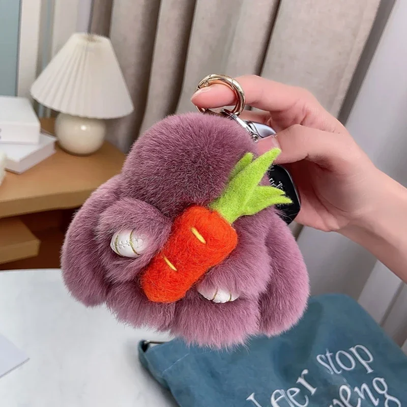 الجزرة الأرنب الصغير المفاتيح النساء الفراء الحقيقي أرنب حلقة رئيسية أفخم الدمى لعبة الفتيات حقيبة مفتاح حامل