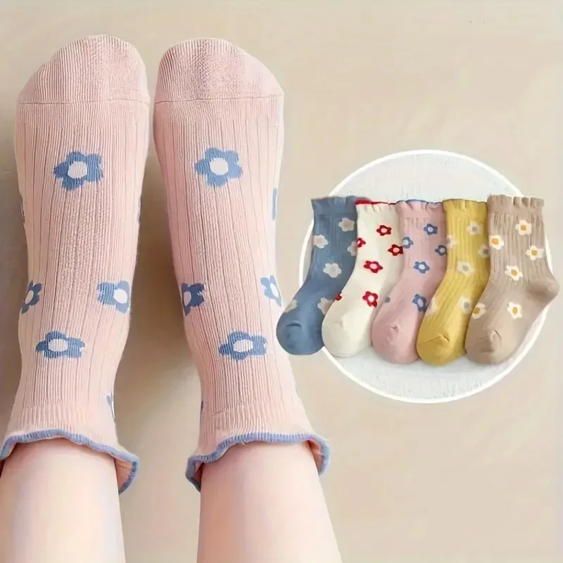 5 Pairs Kids Girls Crew Socks Ruffle Cuff Floral Print Soft Breathable All‑Season Casual Princess Children Socks