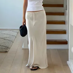 New In 2026 Women's Spring Summer Solid Color Satin Long Skirt High Waist Lace-up Trendy Elegant Faldas Female Beach Maxi Skirts