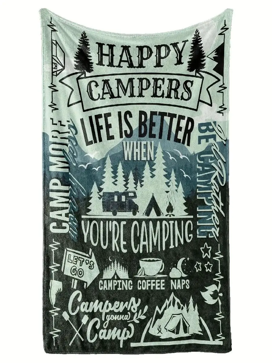 Happy Campers Flannel Throw Blanket  Camping Theme Gift for Him Her Perfect for Office Naps Outdoor Use MultiPurpose