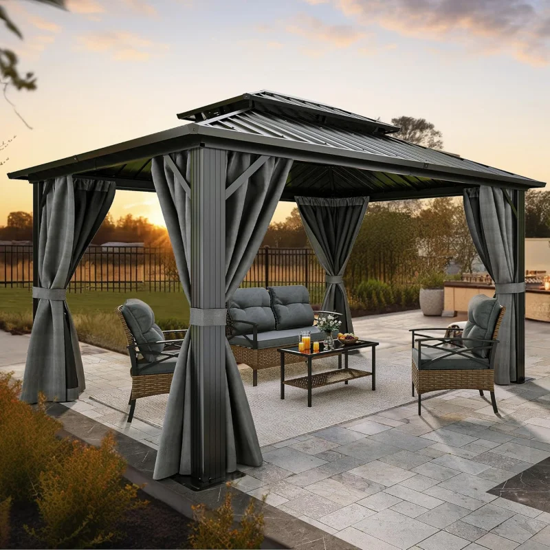 

mDWVO 10x12ft Hardtop Gazebo Double with Nettings and Curtains,Heavy Duty Galvanized Steel Outdoor Vertical Stripes Roof for Pat