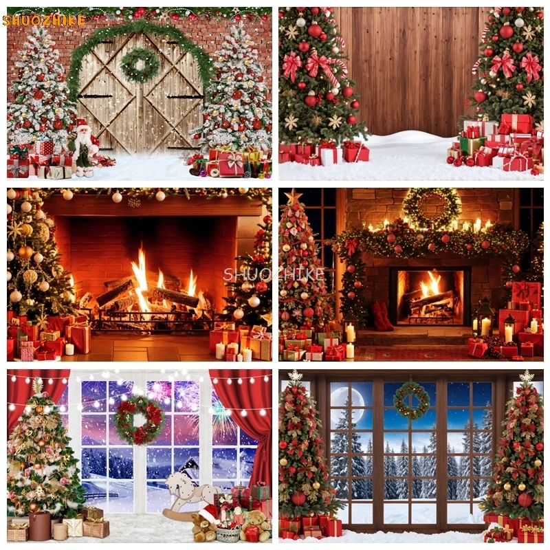 

Christmas Fireplace Backdrop Xmas Tree Window Forest Photo Photography Background Family Party Banner Decor