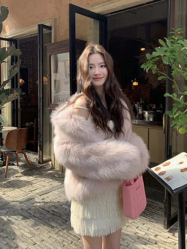 Women Faux Fox Fur Coats Solid Fur Jackets Cotton Linen Haf High Collar Long Sleeves Open Stitch Loose Casual 2026 Autumn Winter