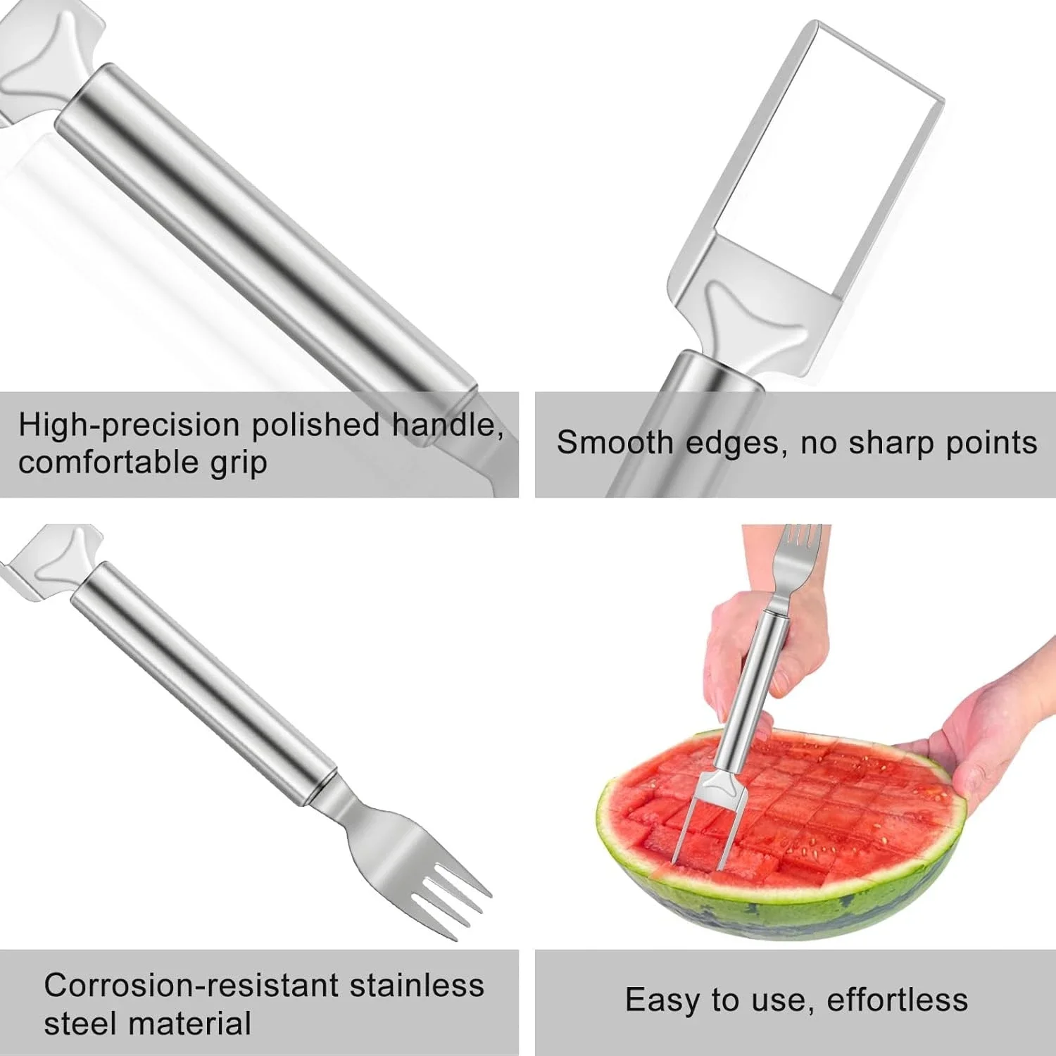 4 عبوات من البطيخ والشوكة 2 في 1، أداة تقطيع فواكه من الفولاذ المقاوم للصدأ مقاس 9.5 بوصة