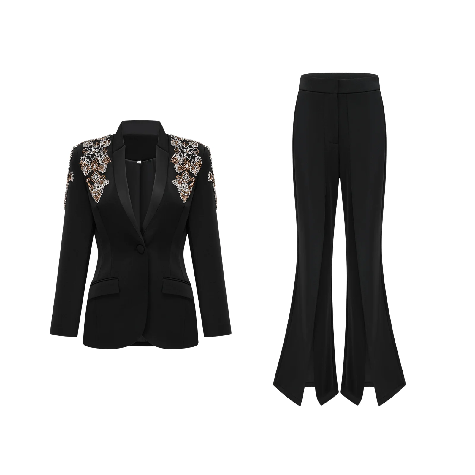 Sexy V Neck Women Suits Blazer 2 Pieces Set Luxury Beaded Applique Jacket Customized Slit Pants Party Power Gown