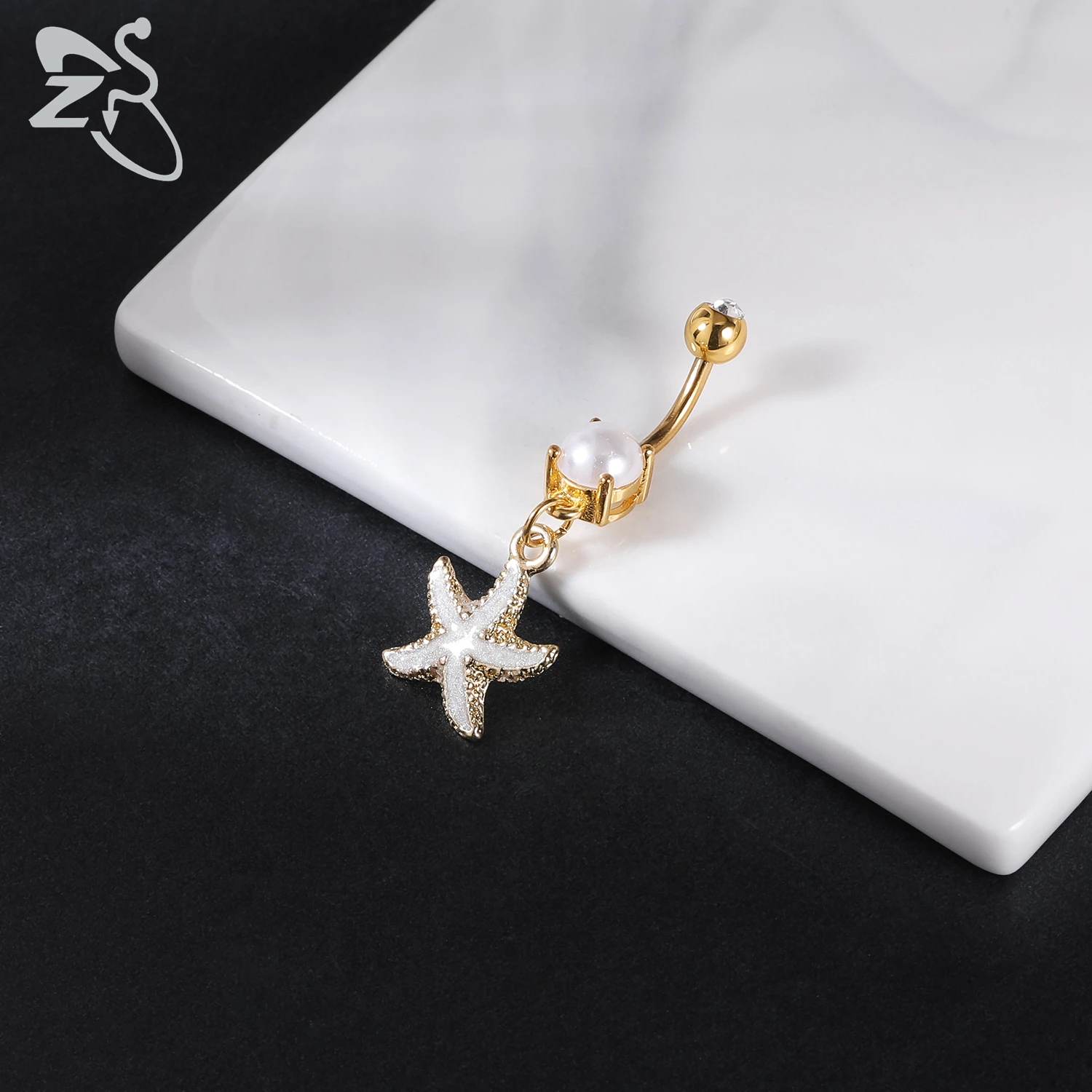 ZS 1 PC Cute Shell Pendant Belly Button Ring Moonstone Drop Belly Rings 14G Stainless Steel Summer Flower Navel Piercing Jewelry