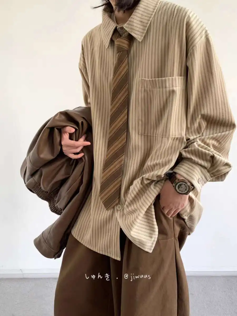 

Spring and Autumn Long sleeved Striped Shirt for Male and Female Couples College Style Casual Versatile Loose Shirt