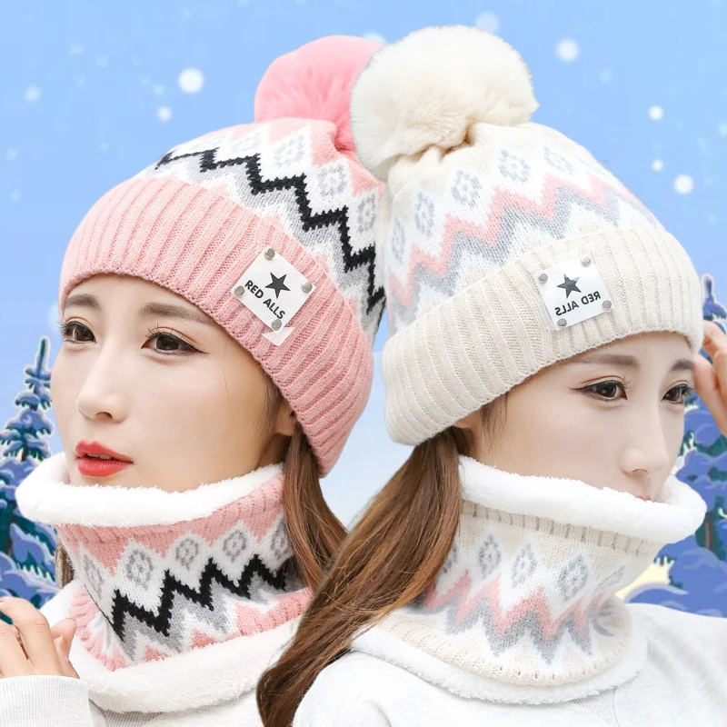2Pcs Set Hat Neckerchief Womens Winter Warm Knitted Beanie Hat Star Label Geometry Winter Beanie Cap Scarf Kit for Riding Travel