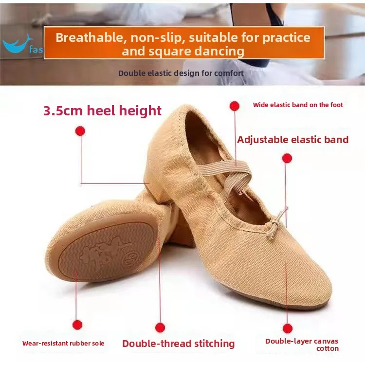 Women's Dance Shoes Soft Bottom Practice Ballet Shoes Spring Summer Style National Ballet Shoes with Medium Heel for Teachers