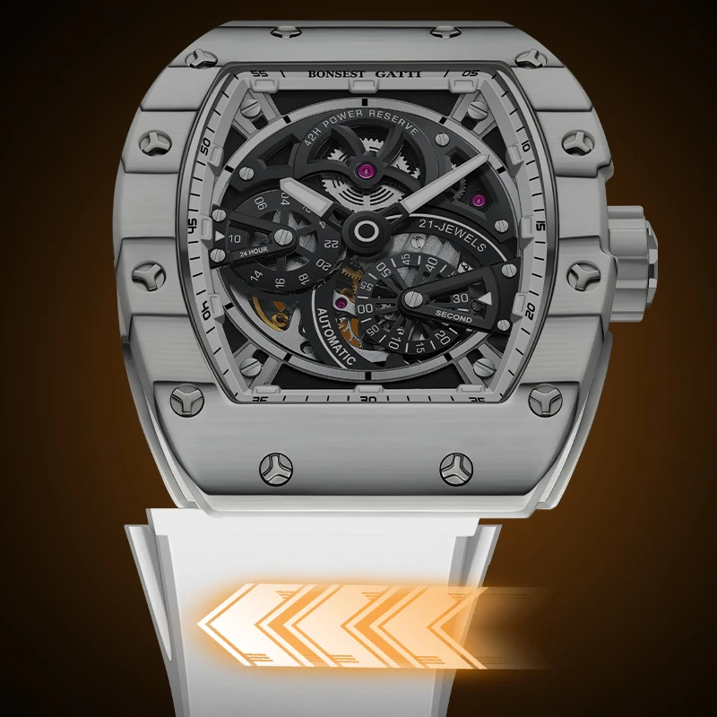 BONEST GATTI Men Automatic Watch Tonneau Mechanical Wristwatch Carbon Fiber Bezel Sapphire Mirror Luminous Case Skeleton Dial