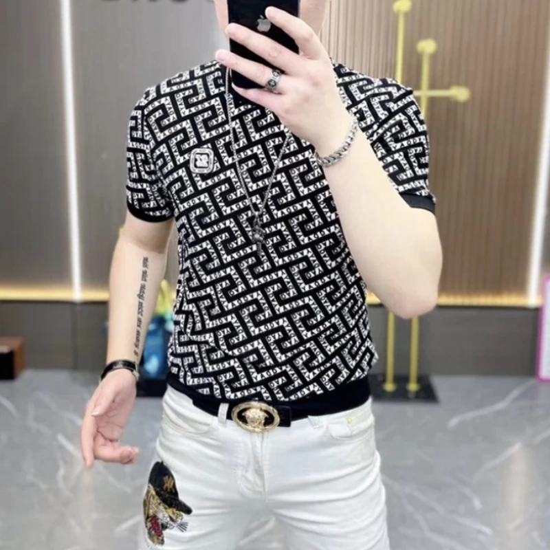 Summer T Shirt Men Casual T-Shirt Geometric Printed O-neck Tops Tees Mesh Breathable Streetwear Social T-shirts Men Clothing