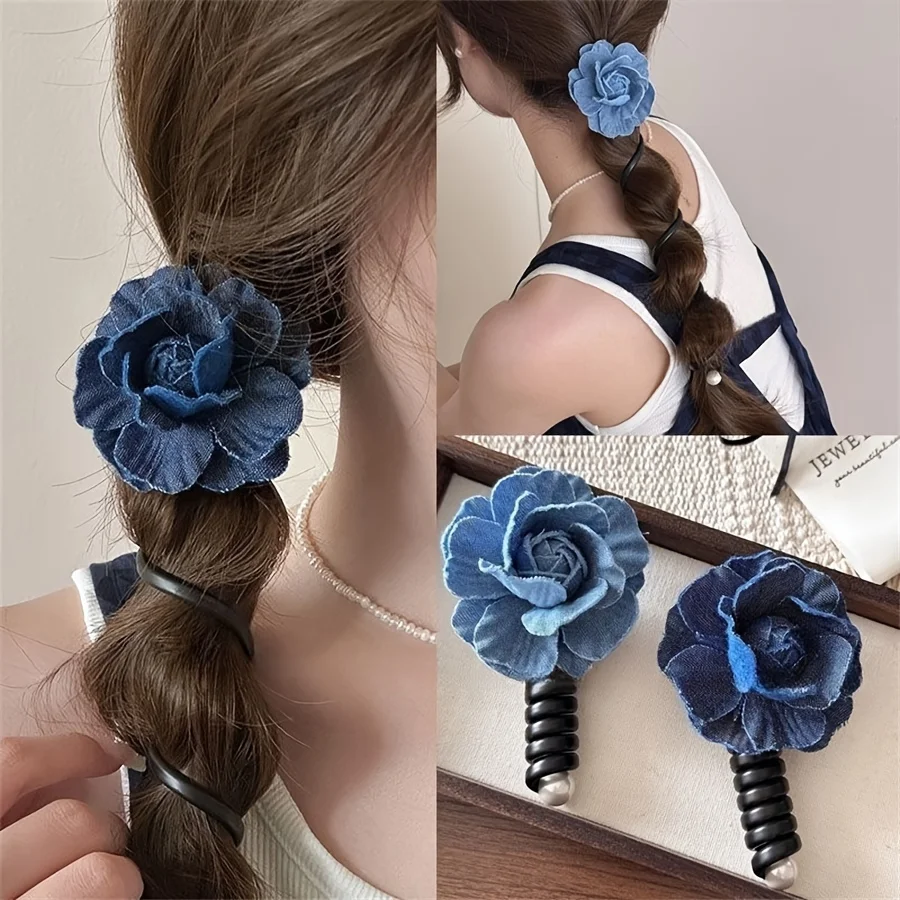 1pc Elegant Cute Denim Blue Flower Acrylic Spiral Scrunchie, Durable High Elasticity Hair Tie with Floral Design Hair Accessory