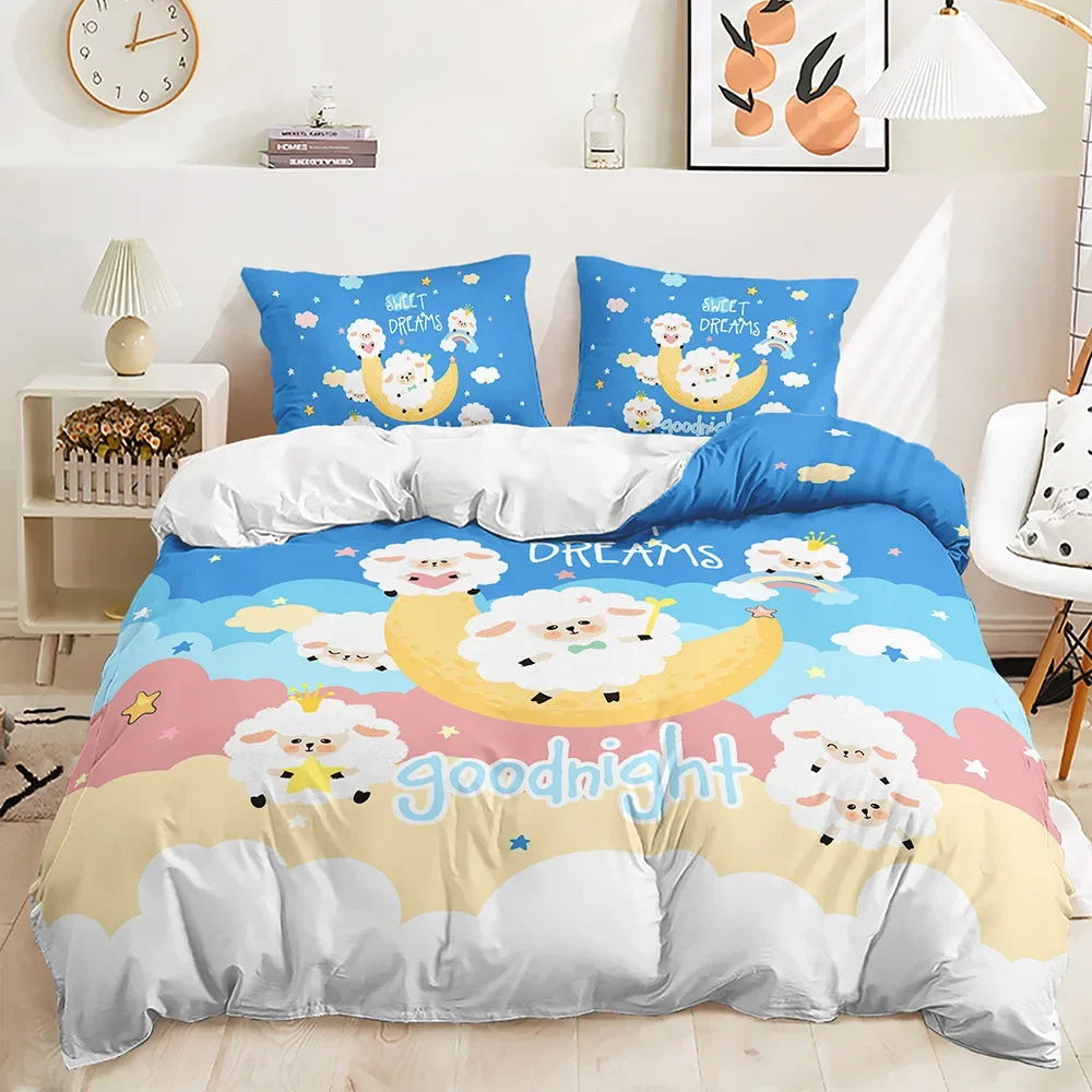 Cute Sheep Duvet Cover Set Twin King Cartoon Animal Bedding Set Polyester Rainbow Moon Comforter Cover For Kids Girl Kawaii Room