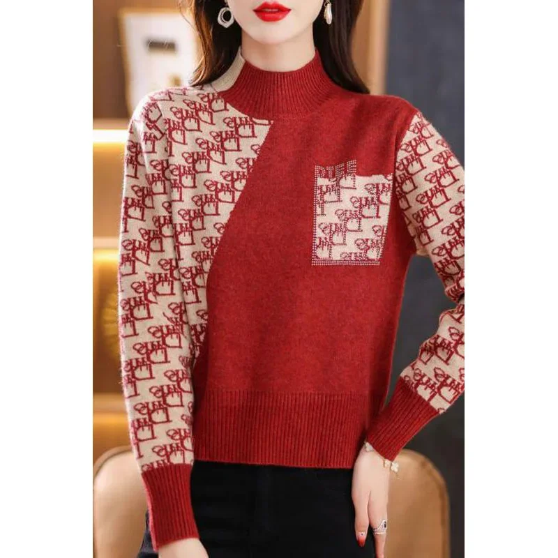 Women Clothing Letter Jacquard Sweaters Autumn Winter Wool Knitted Thick Pullovers Office Lady Vintage Elegant Fashion Knitwear