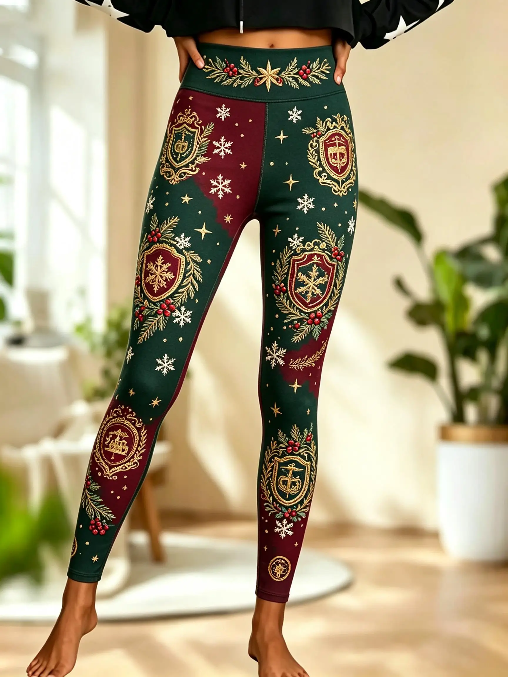 Women Fleece‑Lined Mid‑Rise Leggings Christmas Red Green Block Golden Crest Holly Snowflake Print Slim Warm Pants