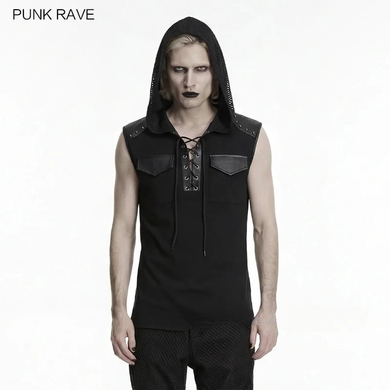 PUNK RAVE Men's Punk Elastic Knitted & Glossy Rubberized T-shirt Personalized Shoulder Studs Cool Handsome Drawstring Dark Tops