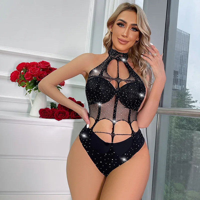 Women\'s Summer Fishnet Bodysuit Underwear Sexy Rhinestone Bodycon Temptation Jumpsuit Clothing Erotic Transparent Body Suits