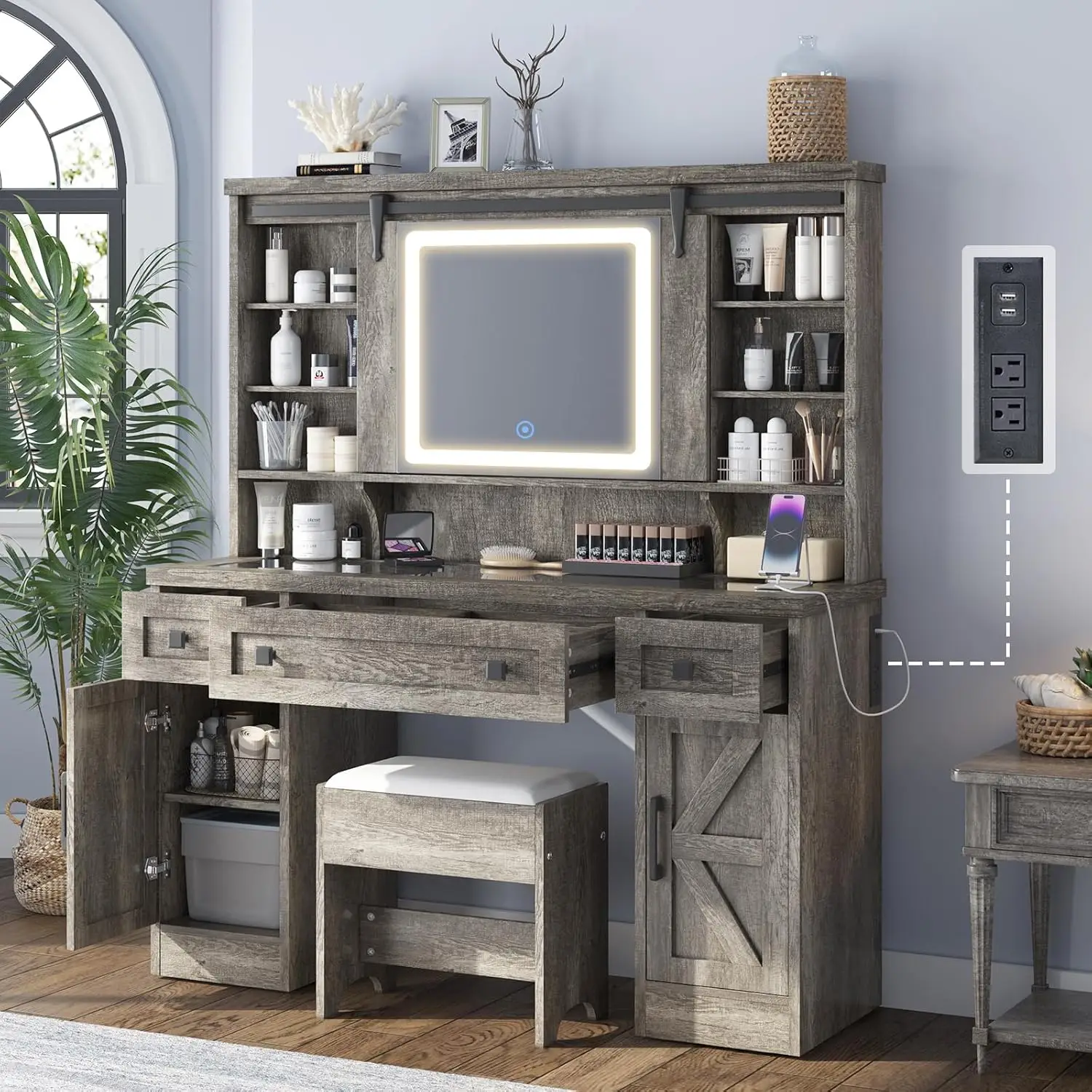 

47.2" Farmhouse Makeup Vanity Desk with Sliding Mirror, Vanity Set with Stool & Charging Station & 3 Brightness Lights